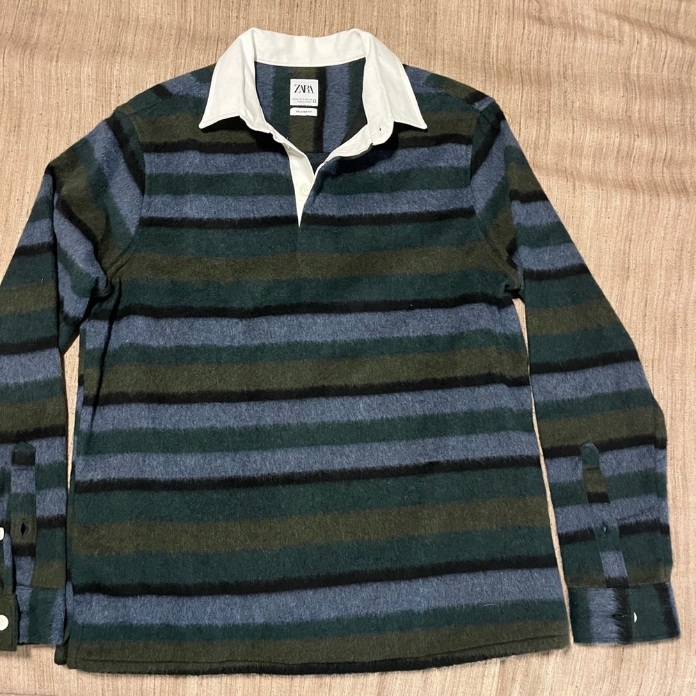 Zara Men's Medium Relaxed Long Sleeve Striped Wool Blended Polo Shirt